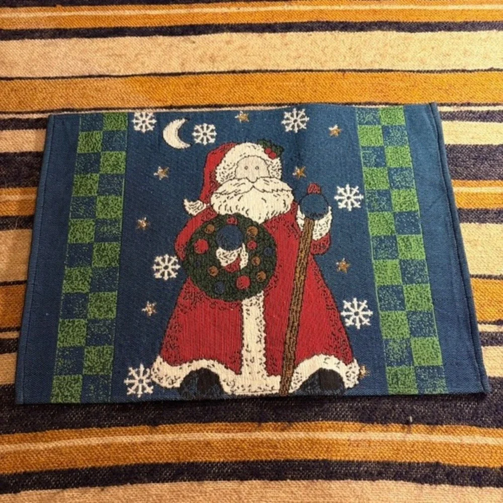 Vintage Christmas Tapestry Placemats Set of 3 Santa Claus‎ Tree Stockings Woven